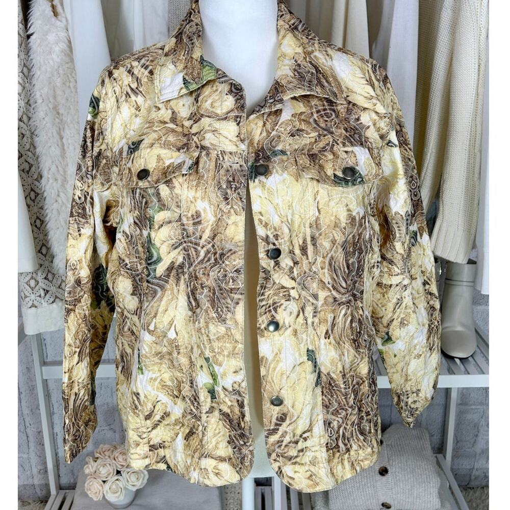 Analogies Plus Women's Size 1X Denim Style Cream Floral Embroidered Jacket #0462